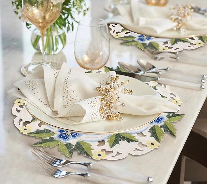 Decozen Set of 4 Doilies for Table, Lace Doilies - Rustic, Crochet, Farmhouse, Kitchen, Round Table Placemats - Valentines Day Decorations - 15 inch Blue and Green White, The Eternal Grace Collection