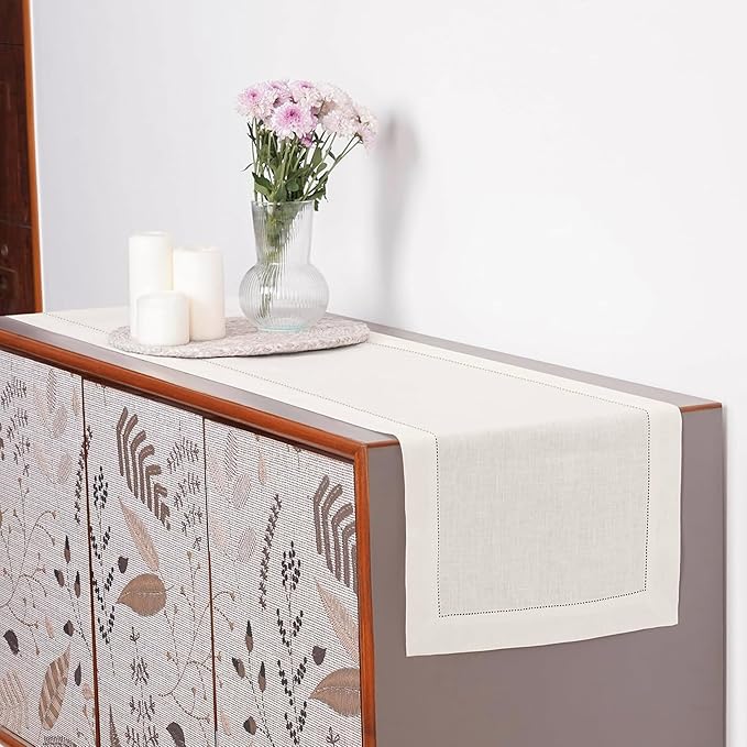 D'Moksha Homes Linen Ivory Table Runner 90 Inches Long - Classic Hemstitch 100% Pure Linen Dining Table Runner 14 x 90 Inch for Valentines, Spring, Easter