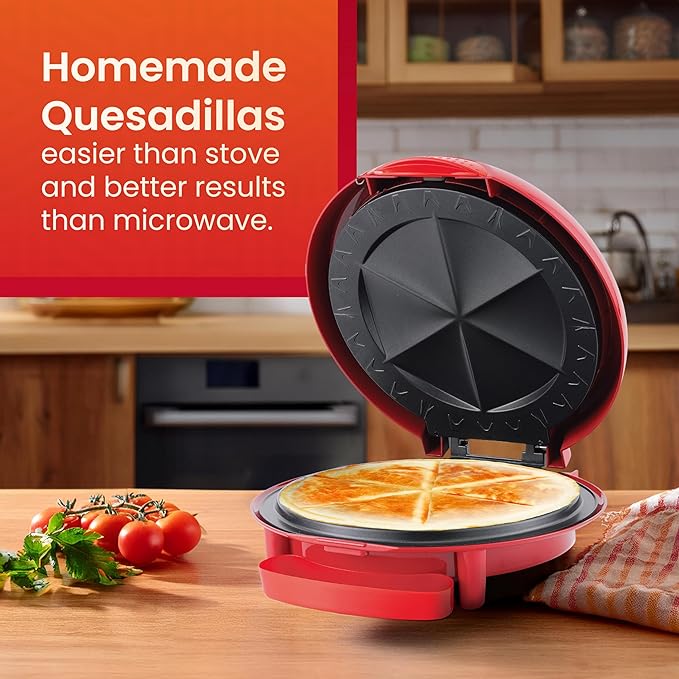 Elite Gourmet EQD-118 Electric Non-Stick 11" Quesadilla Maker, Easy-Slice 6-Wedge, Grilled Cheese Corn Flour Tortilla Snacks, Red