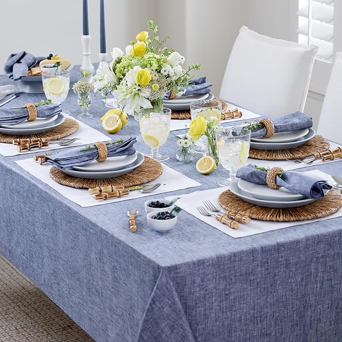 Solino Home Linen Tablecloth 60 x 108 Inch - 100% Pure Linen Chambray Indigo Table Cloth for Rectangle Tables - Athena, Machine Washable Tablecloth for Spring, Easter