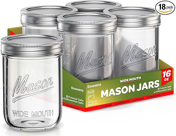 SEWANTA Wide Mouth Mason Jars 16 oz [18 Pack] With Mason Jar Lids and Bands, Mason Jars 16 oz - For Canning, Fermenting, Pickling - Jar Décor - Microwave/Freeze/Dishwasher Safe.