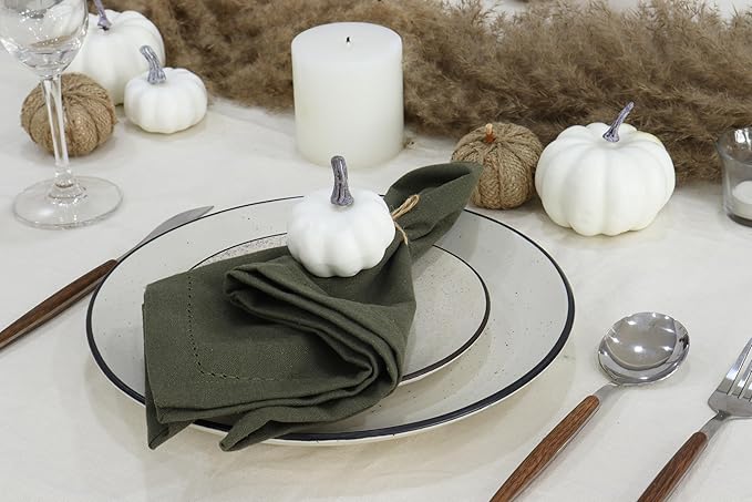 PurpleEssences Set of 12 Hemstitch Cloth Dinner Napkins 100% Cotton - Soft Durable Washable - Ideal for Wedding Christmas Holiday Winter - Perfect Everyday Use Table Linen 18x18 - Olive Green