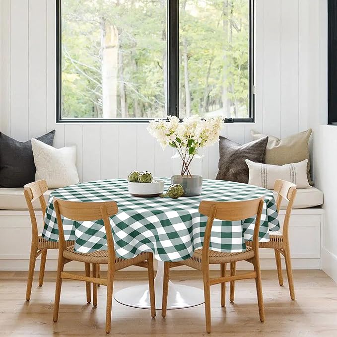 Hiasan Christmas Checkered Round Tablecloth 90 Inch - Waterproof Stain and Wrinkle Resistant Washable Fabric Table Cloth for Dining Room Party Outdoor Picnic, Forest Green and White