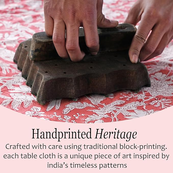 CPC Round Tablecloth- Cotton Indian Block Print Tablecloth -Handmade Printed Washable Cotton Table Cloth - Spring/Summer, Wedding Table Cover - Coral Pink 110 Inch