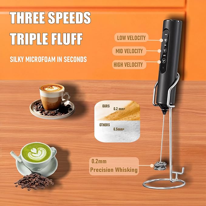 3 Speeds,Milk Frother With Storage Box & Stand,Handheld Electric Hand Mixer with 3 Detachable Whisks, Storage Case & Base, Rechargeable Frother Wand for Coffee, Creamer, Matcha, Heavy Whipping Cream