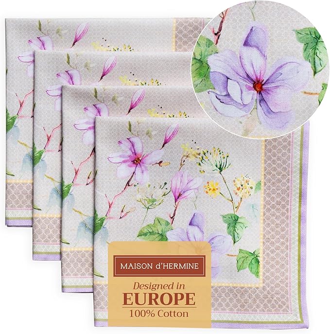Maison d' Hermine Cloth Napkins Set of 4 100% Cotton Everyday Reusable Square Napkins Cloth Washable Dinner Wedding Restaurant Valentines Day Decorations Spring/Summer (Magnolia Mornings, 20" x 20")