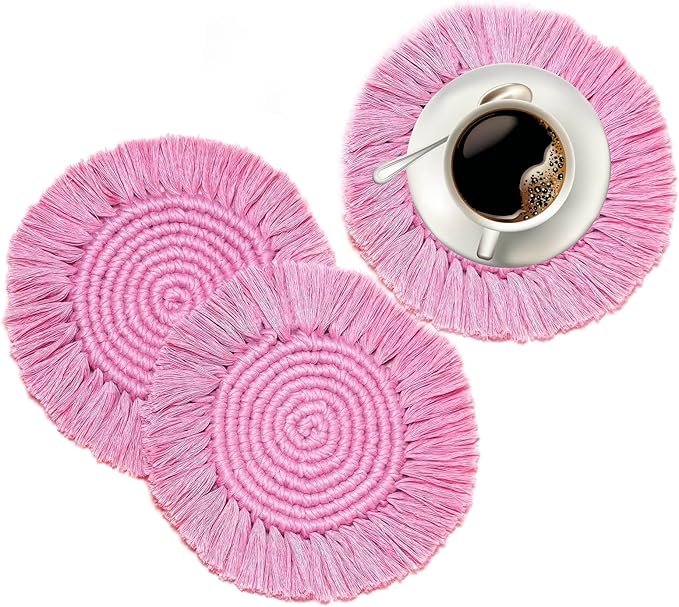 2 PCS Macrame Coasters Handmade Boho Coasters,Woven Absorbent Drink Coaster,Heat Resistant Cotton Coaster for Coffee Table,Desk Kitchen Dining Room Kitchen, Home Decoration (Dark Pink)