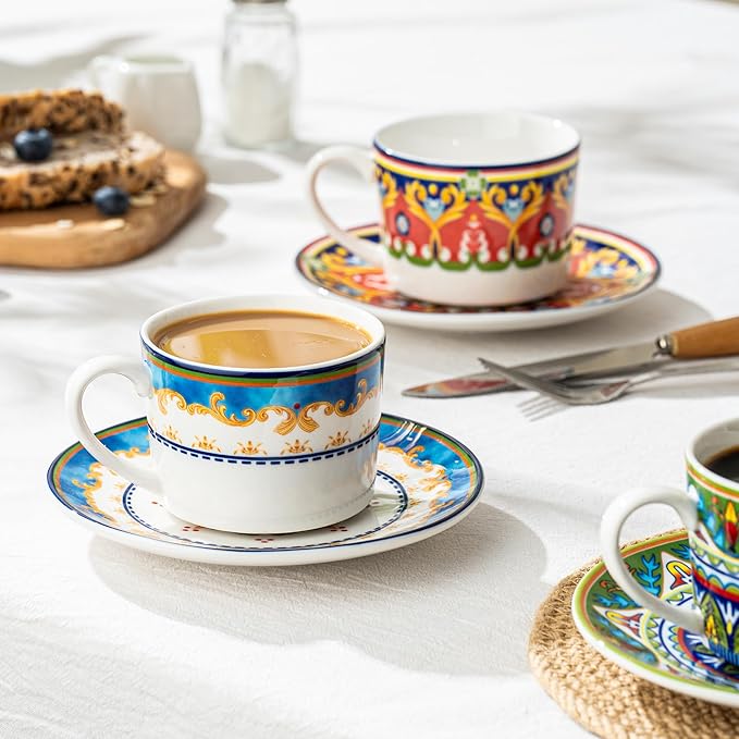 UNICASA Ceramic Coffee Cup with Saucers, 6 oz Colorful Mugs with Dishes, Porcelain Cups Set of 4 for Latte, Cappuccino, Tea, Boho Style, Microwave & Dishwasher Safe