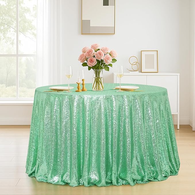 Eternal Beauty Mint Green Tablecloth, 120 Inch Round Sequin Tablecloth for Party Cake Dessert Table Exhibition Events