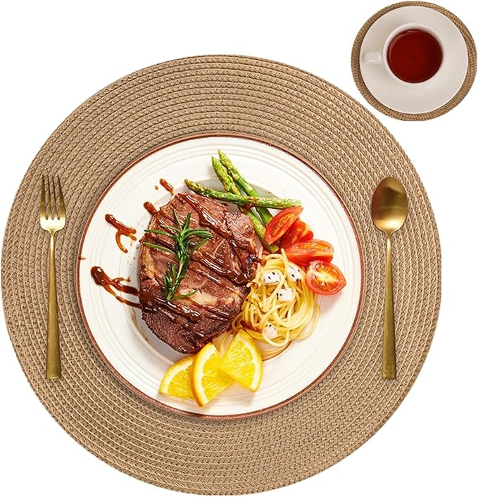 6/12Set Round Braided Placemats Table Mats for Dining Tables Woven Washable Non-Slip Place mats 13inch Halloween Decor(Gold,12 Set)