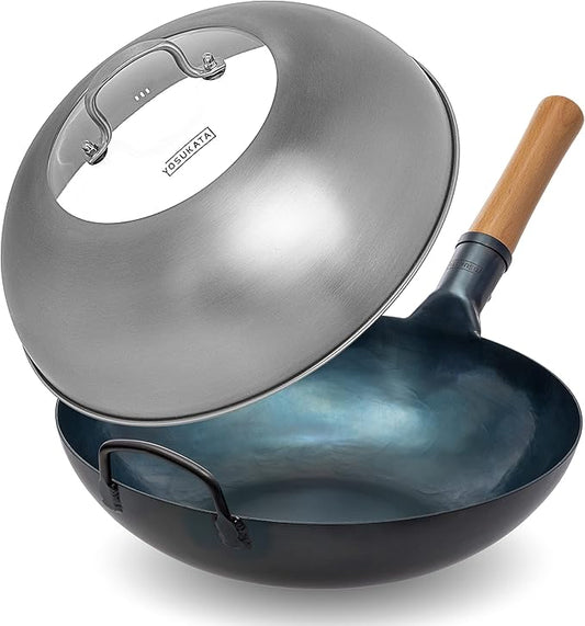 YOSUKATA Flat Bottom Wok Pan - 13.5" Blue Carbon Steel Wok With Lid 12.8 Inch - Premium Stainless Pan Cover with Tempered Glass Insert Steam Holes and Ergonomic Handle