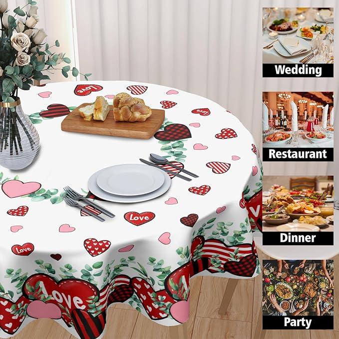 Valentines Day Round Tablecloth 60 Inch Red and Pink Hearts Eucalyptus Circle Table Cloth Valentine Holiday Table Cover for Party Kitchen Dinner Home Decor