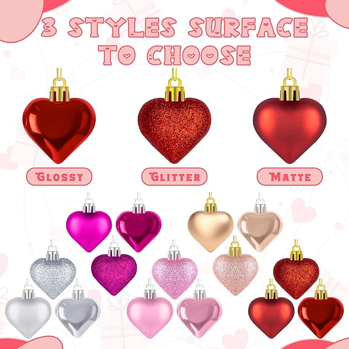 60 PCS Heart Shaped Ornaments, Romantic Glitter Hanging Baubles Decorations, Red Pink Glossy Ornaments Bulk for Valentine's Day Wedding Party Home Decor