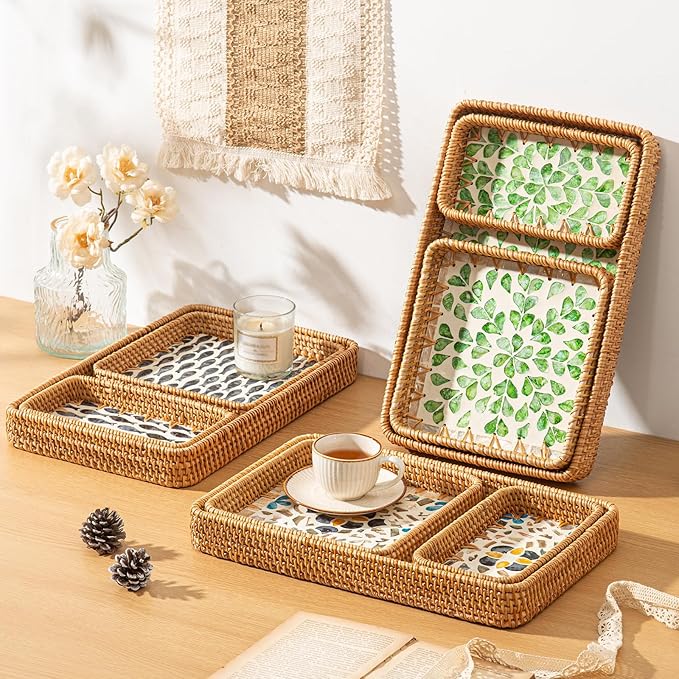Set of 3 Rectangle Rattan Trays for Decor, Coastal Wicker Serving Tray, Hand-Woven from Natural Rattan with Mother of Pearl Inlay, Boho Woven Decorative Trays for Bathroom Kitchen Counter, Entryway