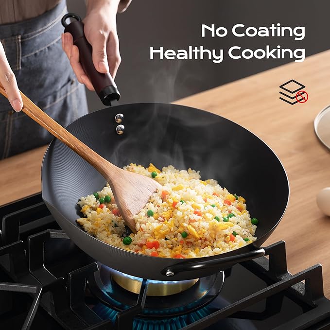 FGJ 13 Inch Wok and 12 Inch Sikllet, Cookware Set, Carbon Steel Woks &Stir-fry Pans Nonstick and Frying Pan, Pre-Seasoned 5.8QT Flat Bottom Chinese Paella Pan, Compatible with All Cooktops