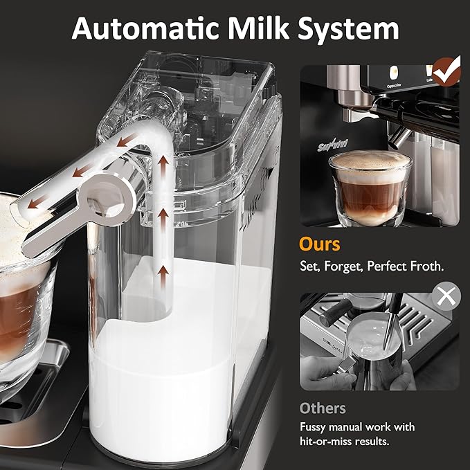SUNVIVI Espresso Machine with Cold Brew, All-in-one Iced Coffee Maker with Automatic Milk Frother, LED Touchscreen, 51OZ Water Tank, Pressure Coffee Machine for Latte, Cappucinno, Self-clean, Black