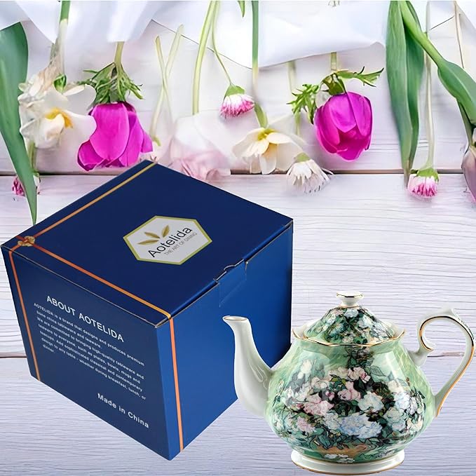 Teapot 30 oz Vangogh Paintings Bone China Loose Tea Pot Floral Design Vintage Ceramic Coffee Water Pot European Style Porcelain (White Rose)