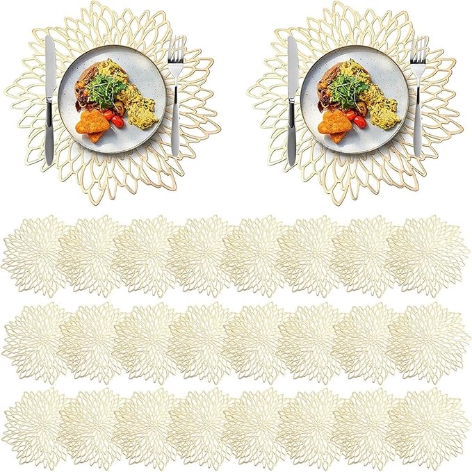 PVC Placemats and Coasters Set Round Leaf Place Mats Washable Heat Table Mats for Morden Kitchen Dining Table(Sliver,6 Set)