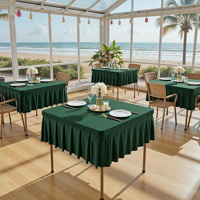 Wish Care Hunter Green Spandex Tablecloths for 48x48 Inch Square Tables, Stretch Fitted Table Clothes with Pleated Ruffle Skirt for 48” Table, Wrinkle Free and Elastic, for Party Kitchen Home Dining