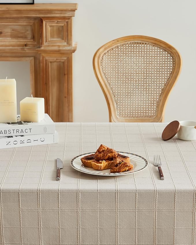 ZeeMart Linen Checked Table Cloth, Farmhouse Style Plaid Embroidered Neutral Tablecloth, Water Resistant Round Table Cloth, Beige 52 Inch Round