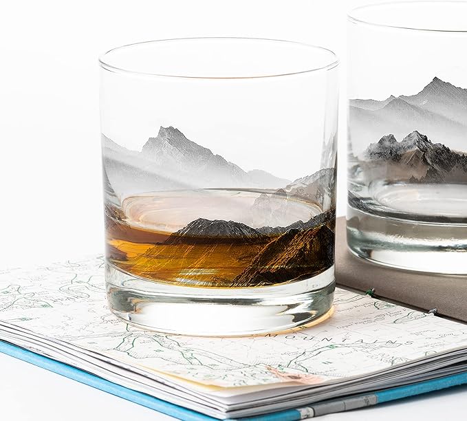 Black Lantern Mountain & Clouds 11oz Rock Glass – Screen-Printed Nature Tumbler for Bourbon, Scotch, and Cocktails – Durable Heavy-Base Glassware