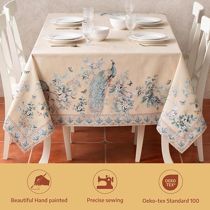 Maison d' Hermine Premium Table Cloth Rectangle Table 100% Combed Cotton 90 x 70 Inches Tablecloth Reusable Decorative for Dining Room Farmhouse Party Festive Wedding - Peacock Utopia - Sandy Beach