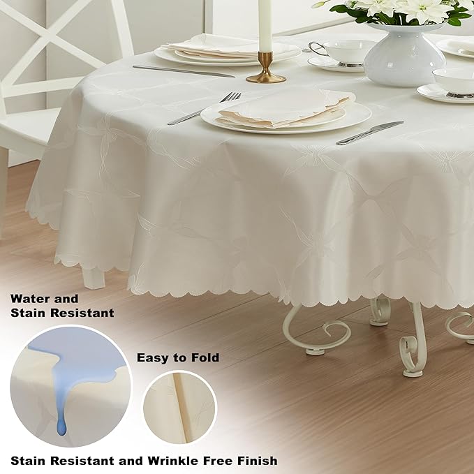 Newbridge Ribbons and Bows Damask Spring & Easter Holiday Fabric Tablecloth, Ivory, 60 x 84 Inch Oval, Wrinkle & Stain Resistant Table Cover