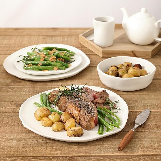 Stone by Mercer Project HEKONDA Modern Debossed Stoneware 16-Piece Dinnerware Set, Plate and Bowl Set, Dish Set for 4, White Speckled
