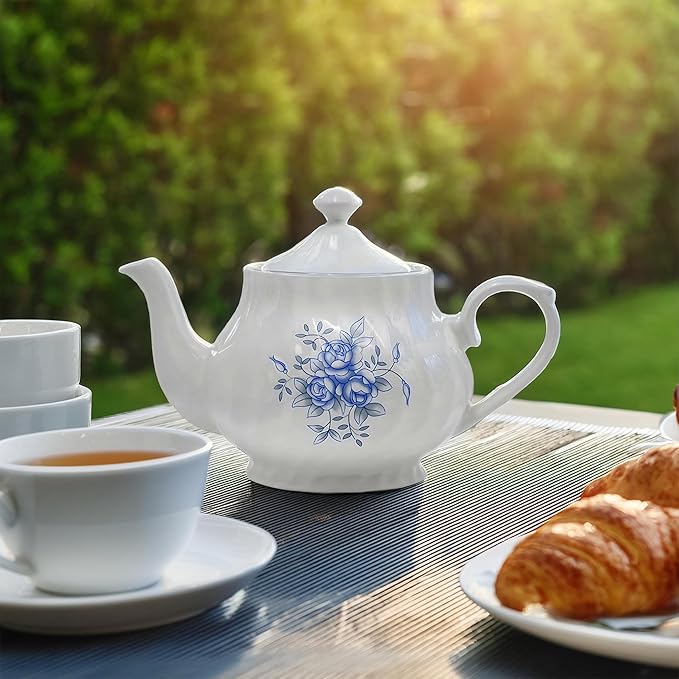 Lynns Porcelain Vintage Teapot with Embossed Swirls 37oz Tea Pot Classic White Tea Set for Parties & Celebrations Ideal Teapot for Tea Cups & Saucers Perfect for Tea Parties - Royal Rose
