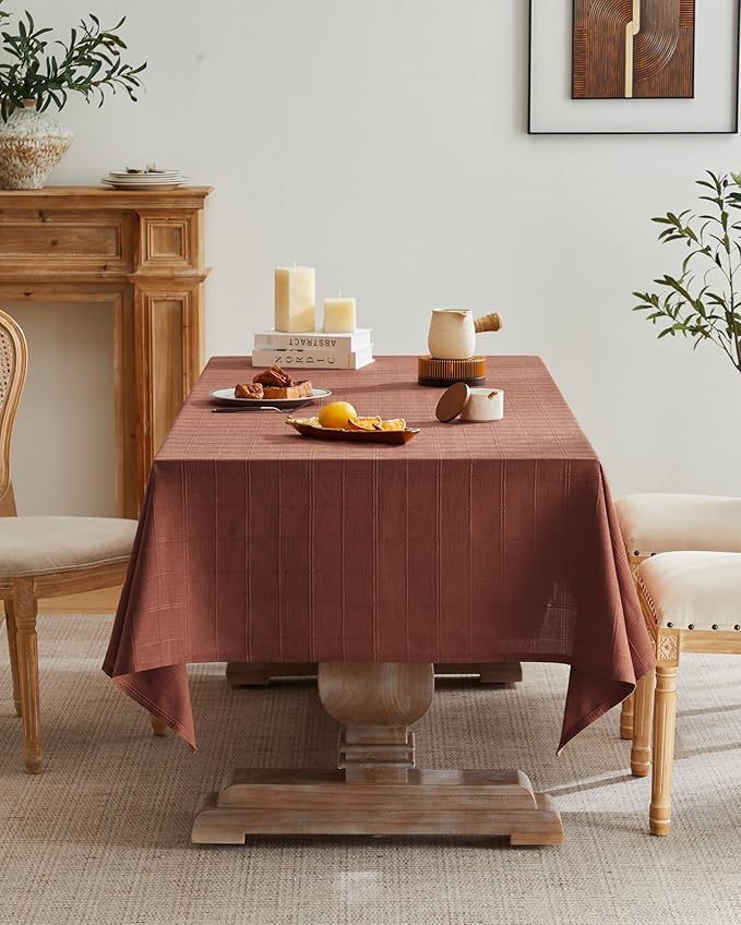 ZeeMart Linen Checked Table Cloth, Farmhouse Style Plaid Embroidered Rust Tablecloth, Water Resistant Rectangle Table Cloth, Terracota 60x104 Inches