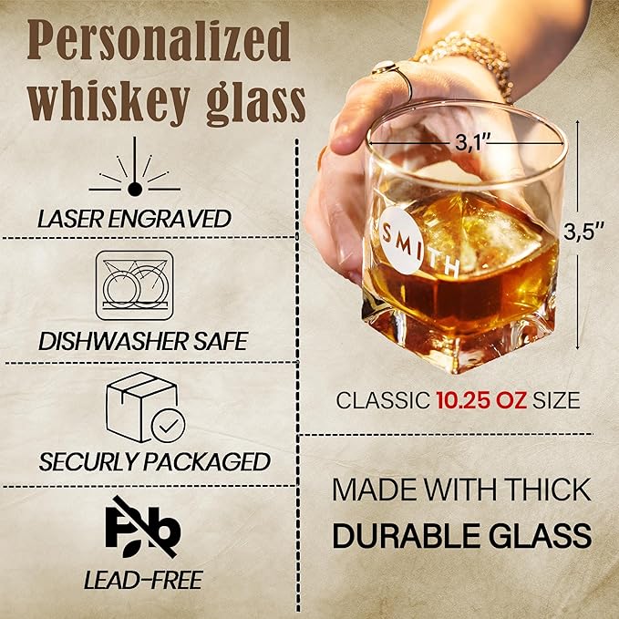Personalized Engraved Whiskey Glass 10.25 oz – Etched Bourbon Glass with Heavy Base, Old Fashioned Cocktail Glass, Groomsmen & Father’s Day Gift (Whiskey Design 5)