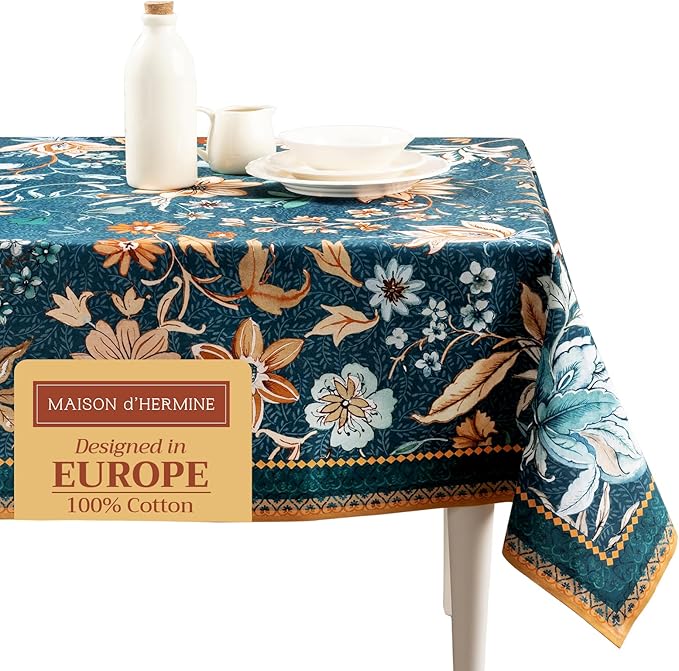 Maison d' Hermine Table Cloth Rectangle Table 100% Cotton 70 x 140 Inches Fall Tablecloth Reusable Everyday Use for Thanksgiving Christmas Decorations Dining Farmhouse Party (Luxury Loft - Dark Teal)