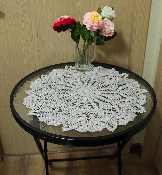 BIBITIME Lace Tablecloth Doily Handmade Crochet Placemat Women Vase Mat Kitchen Table Runner (2PCS- 18 in to 20 in, Light Grey)