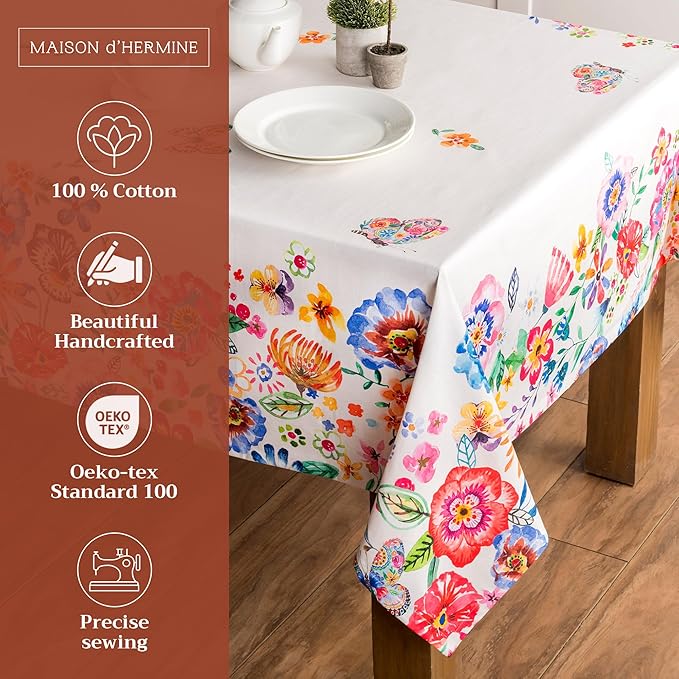 Maison d' Hermine Table Cloth Rectangle Table 100% Cotton 60 x 120 Inches Tablecloth Reusable Decorative for Dining Room Farmhouse Valentines Day Decorations Spring Summer- Happy Florals - High Summer