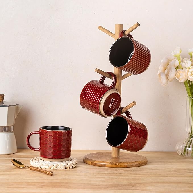 GBhome 6 OZ Stackable Coffee Mugs, Ceramic Coffee Mugs with Texture Patterns for Man,Woman,Dad,Mom, Modern Coffee Cups Set of 4 for Espresso/Cappuccino/Cocoa. Dishwasher&Microwave Safe,Red