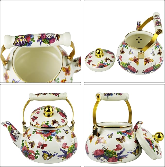 2.5L Vintage Enamel Tea Kettle, Butterfly Floral Stovetop Teapot with Porcelain Handle, Enamel Kettle for Home/Camping/Tea Party, Ideal Christmas/Housewarming Gift
