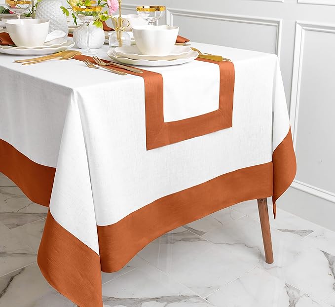 Solino Home Linen Tablecloth for Rectangle Tables 60 x 108 Inch - 100% Pure Linen Cinnamon and White Table Cloth - Contempo, Machine Washable Cloth Tablecloth
