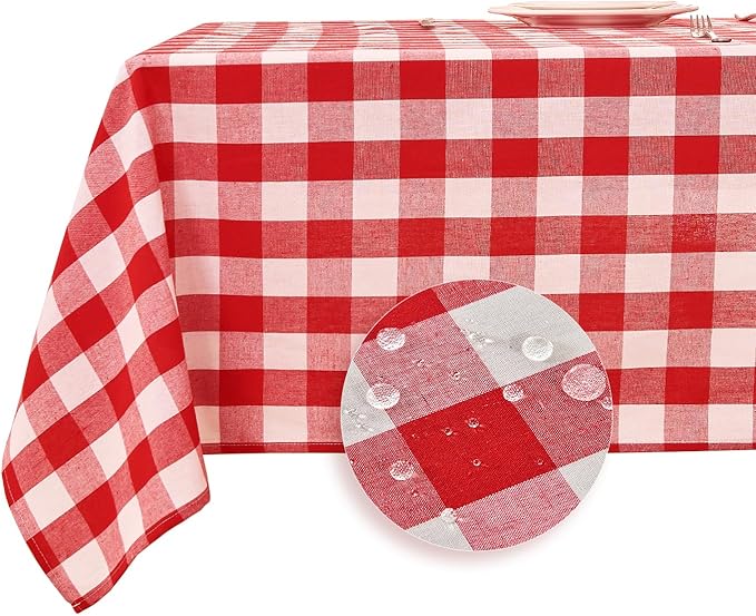 Gingham Tablecloth 55 x 95 Inch – Waterproof Rectangle Table Cloth, Yarn-Dyed Cotton Blend Checkered Tablecloth, Wipeclean Washable Valentines Tablecloth for Dining, Camping, Outdoor (Red)