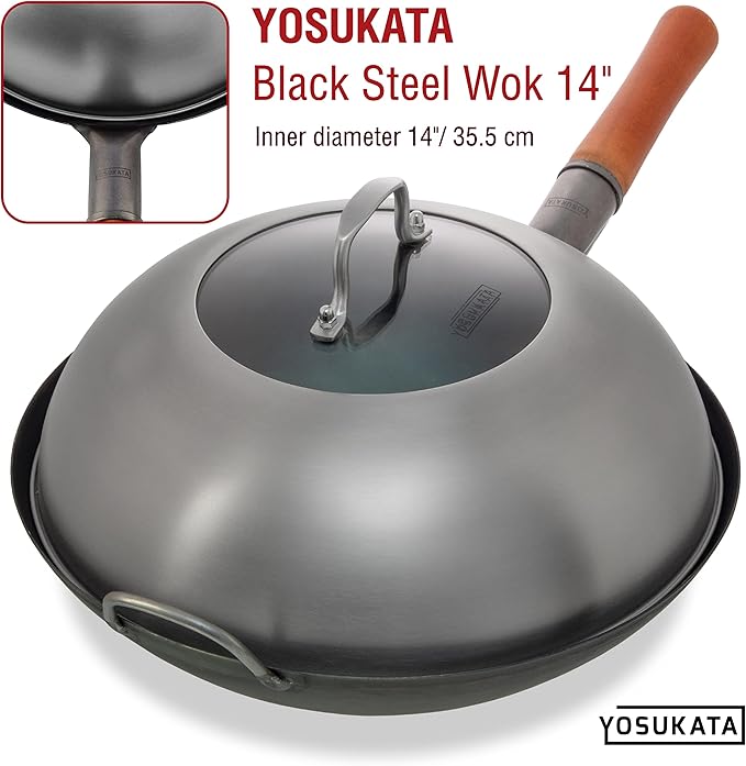 YOSUKATA Blue Round Bottom Wok Pan – 14" Woks and Stir Fry Pans + 17" Wok Spatula and Ladle Skimmer Spoon + Wok Lid 13.6 Inch