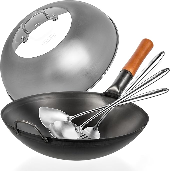 YOSUKATA Carbon Steel Wok Pan - 14 in Woks and Stir Fry Pans - Chinese Wok with Round Bottom Wok + Wok Lid 13.6 Inch - Premium Stainless Griddle Dome + 17" Wok Spatula and Ladle and Turner
