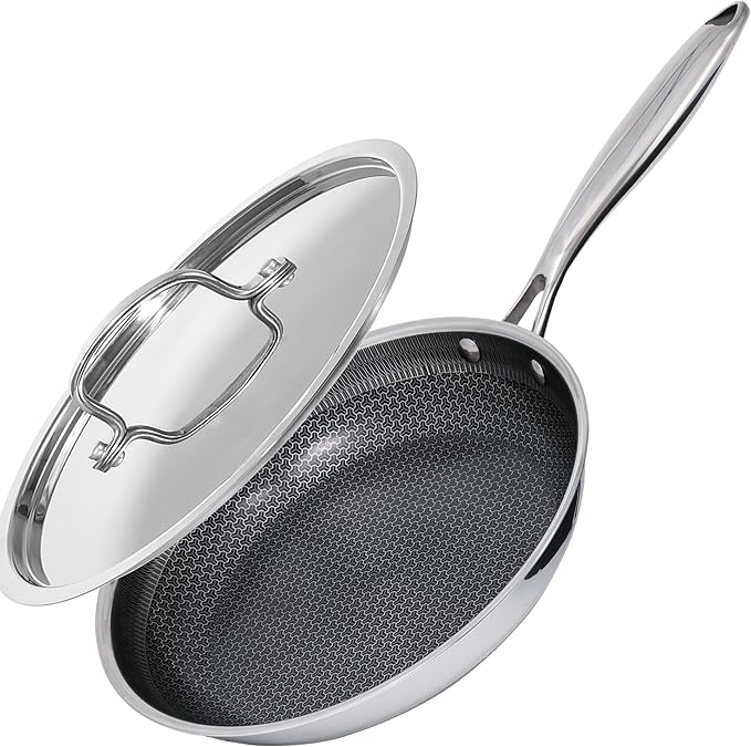 8 Inch Non Stick Frying Pan with Stainless Steel Lid, Hybrid Nonstick Stainless Steel Skillet Stay-cool Handle Dishwasher and Oven-Safe Chef Pan, Induction Compatible Cooking Pan, PFOA Free Cookware