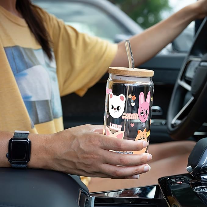 Sip-Sip Hooray! Skzoo Kpop Glass Tumbler with Lid and Straw, 16oz Iced Coffee Cup, Stray Kids Merch, Reusable Glass Cup, Cute Soda Can Lids with Straw, Gift for Fans and Teens
