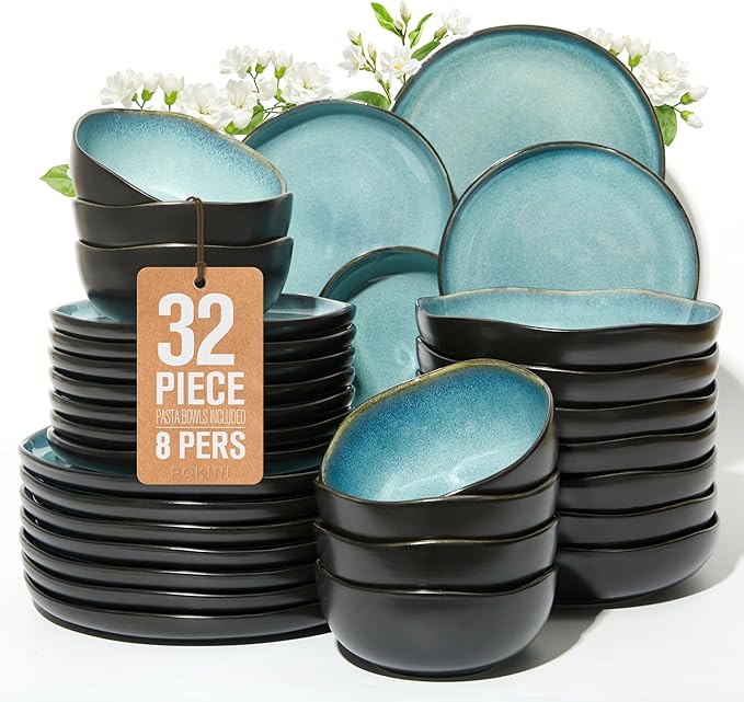32 Piece Dinnerware Set for 8 with Pasta Bowls, Green Black Reactive Glaze Stoneware | All‑in‑One Host Set for Entertaining, Holiday Meals, Multi‑Course Dinners | Unique Irregular Coastal Look