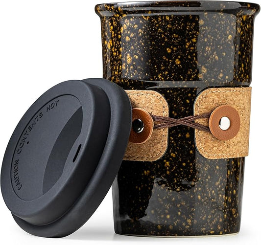 Travel Coffee Mug, Tea Mug, Big Coffee Cups with Lids, No Spill Ceramic Tumbler, Reusable Camping Coffee Mugs for Men & Women, Microwave & Dishwasher Safe, 16.5 oz