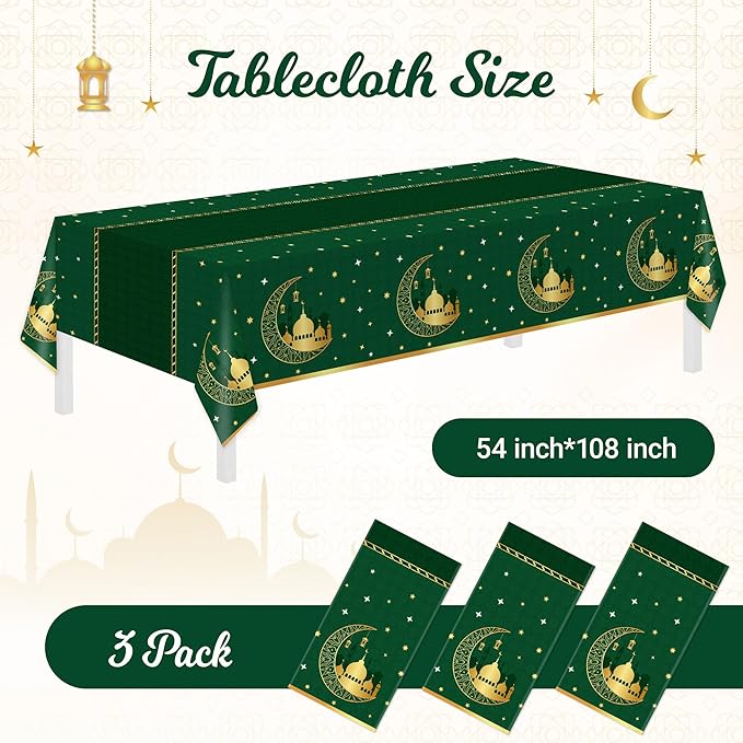 Childom 3 Pack Ramadan Mubarak Tablecloths for Eid Mubarak Decorations,54" x 108" Plastic Disposable Ramadan Kareem Table Cloth,Green Eid al-Fitr Table Covers for Rectangle Tables,Dinner,Party Favors