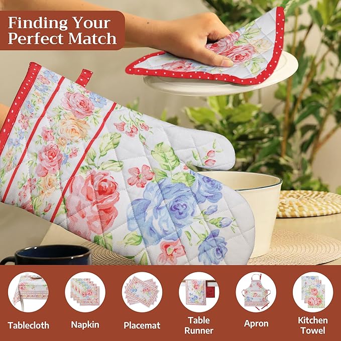 Maison d' Hermine Pot Holders 100% Cotton Heat Resistant Potholders 8" x 8" Hot Pads with Loop BBQ, Cooking, Baking, Grilling, Kitchen, Handling Hot Pans Spring/Summer (Pack of 1,Vintage Floral)