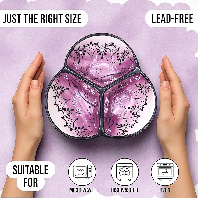 Ceramic Chip & Dip Bowl 7.5”, 3-Compartment Divided Serving Dish & Condiment Tray for Appetizers – Handmade in Spain, Lead-Free Glaze, Microwave, Oven & Dishwasher Safe