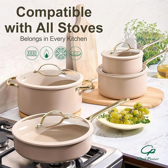 Chef Power Ceramic Cookware Sets, 10Pcs Pots and Pans Set Non Stick, Cookware Set with Stainless Steel Handle, Dishwasher & Oven Safe, Taupe and Light Gold Handle
