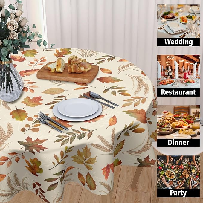 Autumn Leaves Round Tablecloth 60 Inch Fall Thanksgiving Harvest Maple Leaf Table Cloth Rustic Farmhouse Table Cover for Kitchen Dinner Home Decor