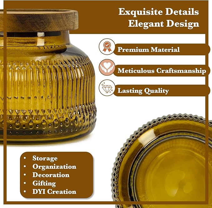 Decorative Amber Glass Jar with Airtight Wooden Lid 25.4 oz, Wide Mouth Vintage Kitchen Food Storage Container for Cookie Candy Honey Flour Spice Coffee Tea, Home Decor Sand Candle Holder Vase